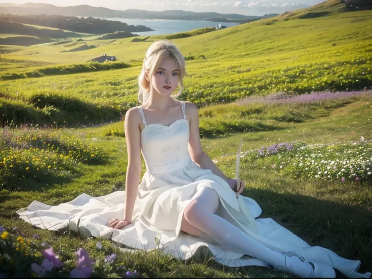 Young blonde girl with green eyes，wears a white dress，white stockings，Play the violin in the grassland and sea of flowers