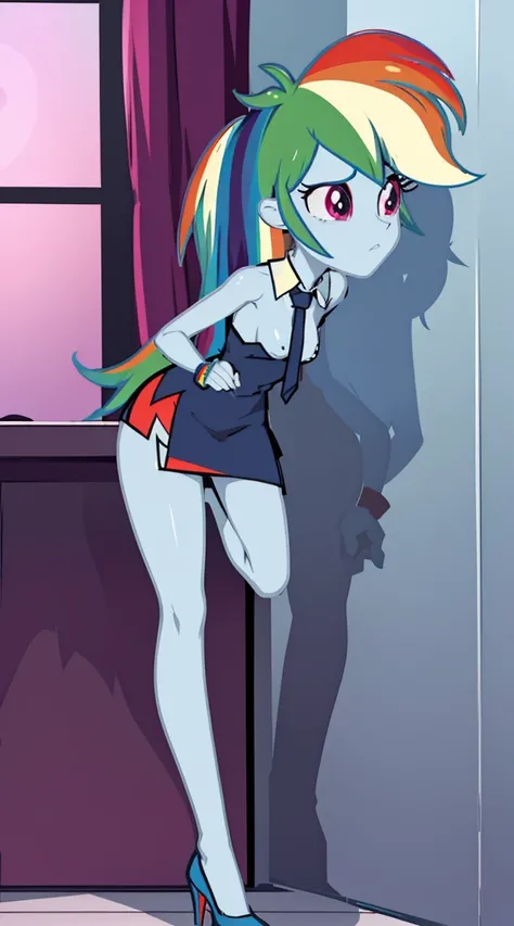 Rainbow Dash, Rainbow Dash of My Little Pony, Rainbow Dash as a girl, business suit, blazer, pencil upskirt, bare legs, high heels, office lady, posing, upskirt, vagina desnuda, tetas desnudas, tetas medianas, trasero desnudo, (solo desnuda), piernas desnu...