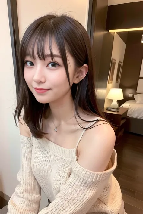 Best quality at best, 超高分辨率, (realisticlying:1.4), 1 girl in, tall nose bridge, Medium hair, (external bounce), Sagging bangs, , (tight sweater), (Off the shoulder style), (Tong), ssmile, (natural makeup), shot from far away, (Full body photo), (M-shaped l...