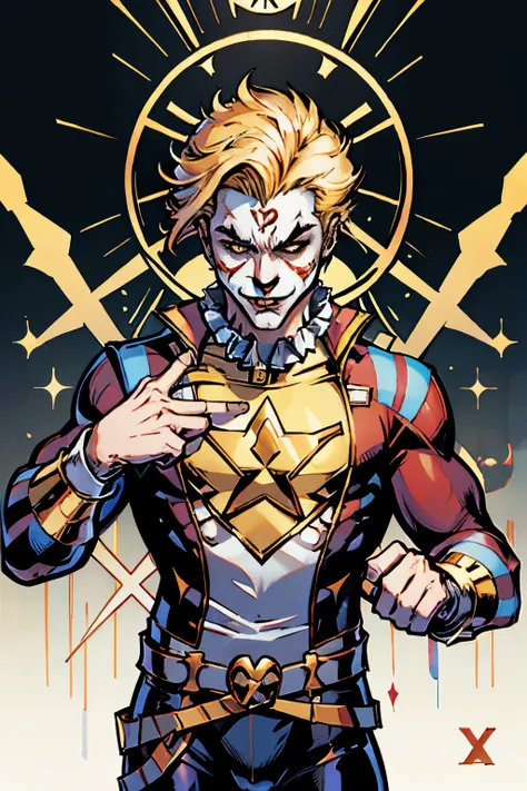 a handsome clown with short hair， there  a large golden x symbol in the background，white backgrounid