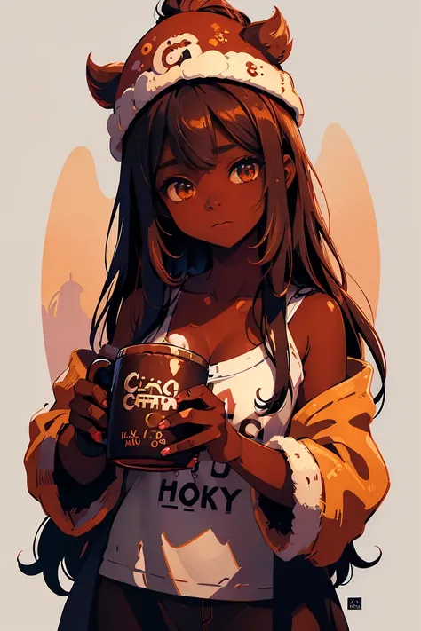 Dark skin pretty young woman in an oversized fuzzy fitted shirt, shy, ((holding a mug with the letters “c-a-t-t-y” written on it)), insanely detailed, 4K, 2D illustration, red hat, clearly detailed eyes,  luminous brown eyes, cute button nose, muted pastel...