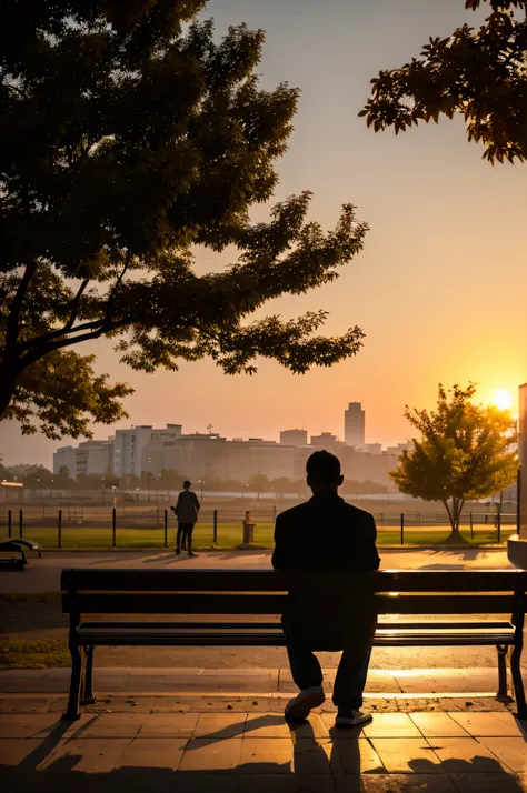 silhouette of a man reading the Bible sitting with his back on a park bench at sunset