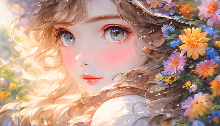 (best quality,ultra-detalhado,Realistic:1.37),1girl,belos olhos detalhados,long eyelashes,beautiful detailed lips,flowing hair,ambiente natural,Jardim,flores coloridas,luz solar suave,Brisa suave,estilo de pintura,cores vibrantes,lighting  bokeh