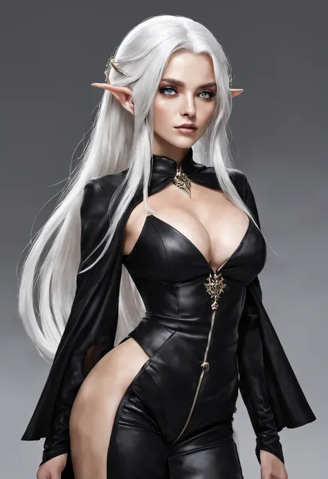 An Elf female with white hair, wearing a black habit, large breasts, full body pose,