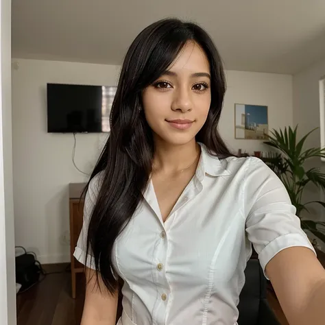 21 year old Latin girl, cabello ondulado corto, Selfie realista, ropa de oficina formal, photograph taken with cell phone, la chica afuera de la oficina, no sonriente (carita triste cute), posando, Home Photography