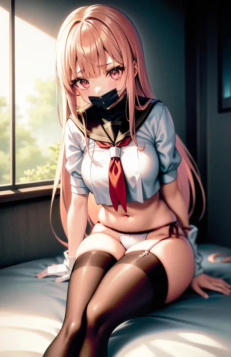 Long-haired anime girl sitting on bed，Wearing red stockings, Anime manga girl,Silent，Anime barbie wearing white bikini, Silent，surreal school girl, surreal school girl, smooth anime cg art, Anime girl squats, Silent，Squatting anime beauty, A white bikini，D...