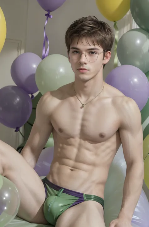 16-year-old boy, sitting on big violet balloon between legs, wearing green speedos, shirtless, abs, thin body, hugging green balloons, popping violet balloons, handsome, youthful, boyish, cute, black military sunglasses, photography, realistic, indoor soft...