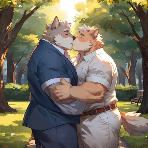 Chubby , musclechub, grandfather, old furry , fluffy  , Romantic light ,seductive, furry ,  kissing, hug , extremely romantic Atmospheres, park , nj5furry, by zixiong , perfect Limb,