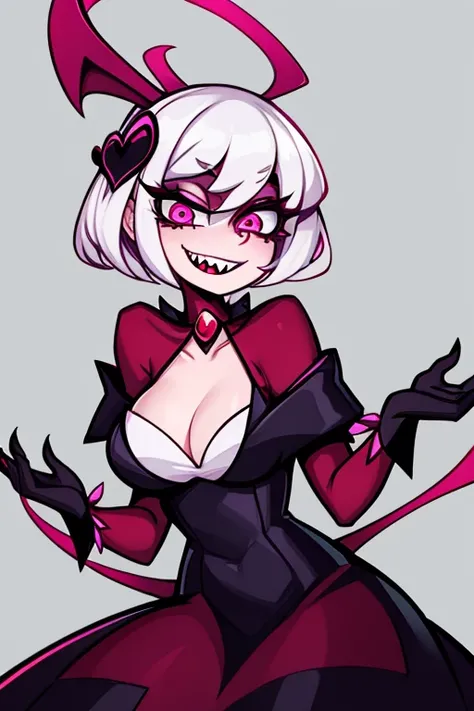 uma personagem menina inspirada no desenho Hazbin Hotel, it has the same features as the Hazbin Hotel design, the girl has sharp teeth and thick eyelashes,