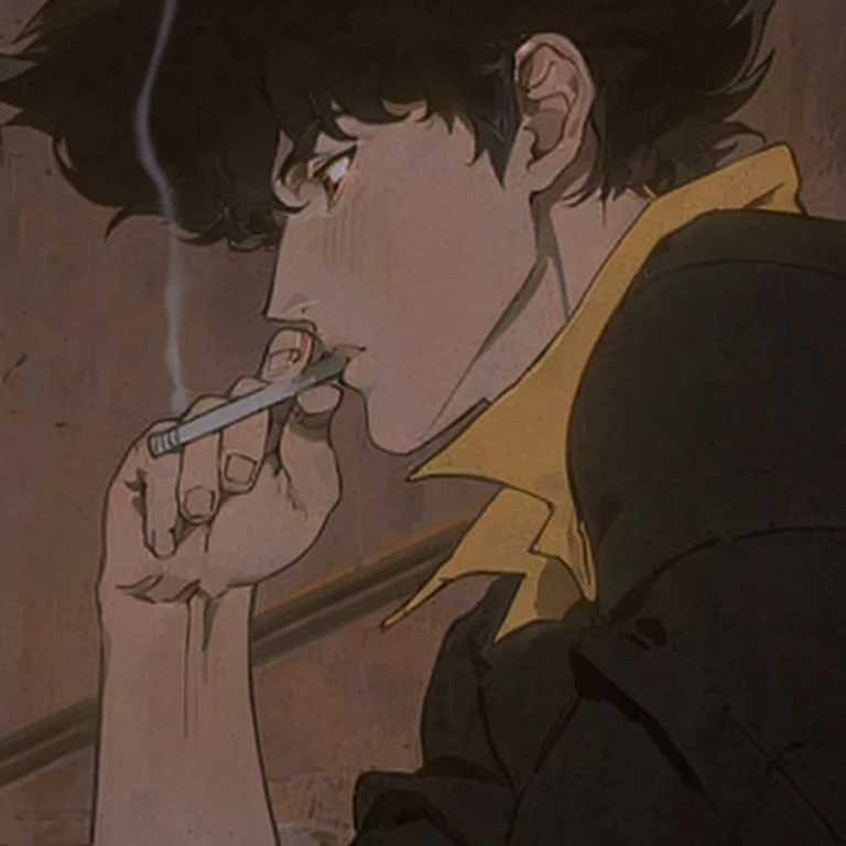 personagem de anime fumando um cigarro em um quarto escuro, gendo ikari smoking a joint, espelho spike, estilo anime cowboy bebo...