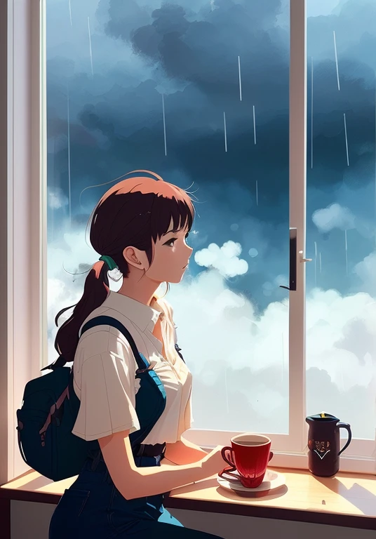 Realistic, real life, beautiful Cute girl sitting psychedelic patterns by window drinking coffee with background by greg rutkowski makoto shinkai kyoto animation key art feminine mid shot, ((rainy day, cloudy sky)), style of laurie greasley, studio ghibli,...