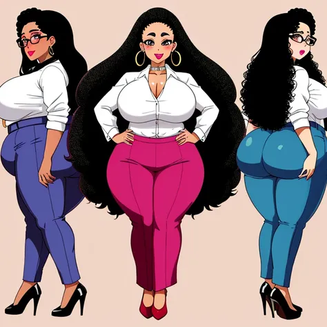 eye glass、afro、Long、forehead、thick eyebrow、bbw、fatness、Colossal tits、gargantuan butt、large earring、thick lip、Painted lips、Business suits、Full body view