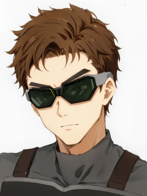 anime man with brown hair and black googles in a black outfit,