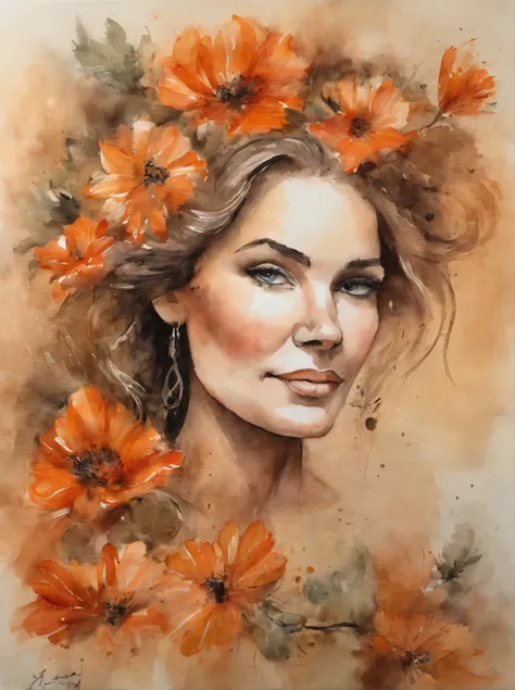 Acrylic painting of lady with flowers in hair, In the style of Lucy Grandin, Tony Dietrich, Combination of organic and natural, flower explosion, Ferris Pickaxe, Light orange and brown, calm face--ar 3:4 -