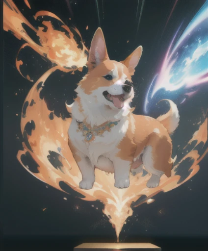 Welsh Corgi, (best quality, 4k, 8k,highres,masterpiece:1.2),ultra-detailed,realistic:1.37, glowing effect, dynamic, centered, ornate Nebula, sharp focus, beautiful detailed, face very realistic, hyper detailed, raytrace, Trend on artstation,