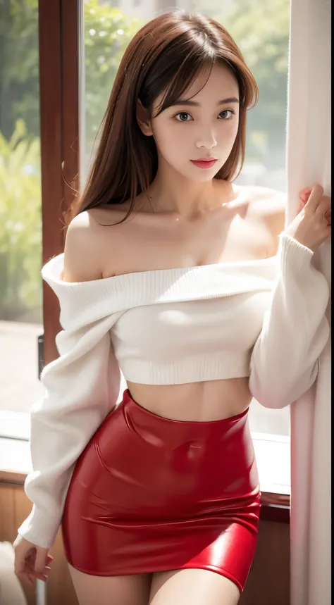 8k,masuter piece,photorealsitic,1girl in，solo，white off-the-shoulder sweater、you can see the skin from the shoulders、beautiful h...