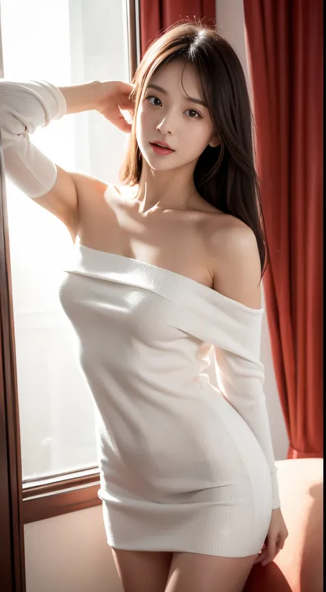 8k,masuter piece,photorealsitic,1girl in，solo，white off-the-shoulder sweater、you can see the skin from the shoulders、beautiful h...