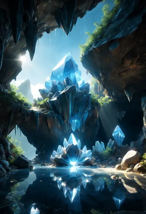 (by Andy Park:1.2), Crystal Caves, crystal rock, crystal reflection, Rays, illumination, glowing particleest composition), ultra-wide-angle, octane render, enhance, intricate, (best quality, masterpiece, Representative work, official art, Professional, uni...