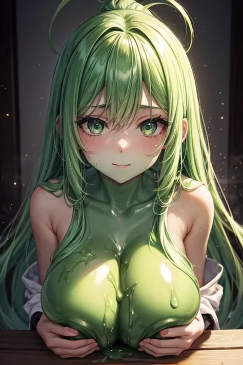 green skin, slime girl, green eye, sexy, long slime hair, big tits, gooey, sticky, adult