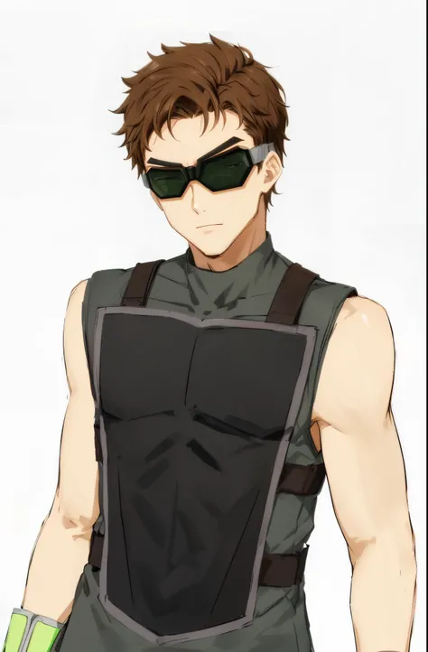 anime man with brown hair and black googles in a green and black outfit, full body details, with shoulder pads,