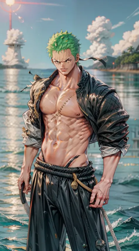 1man, minimalism, zoro roronoa, Eiichirō Odector, bodybuilder, sea from background, scar across eye)), nfsw (3D),high configuration, hd, hd ultra