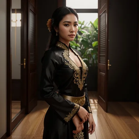 Beautiful Javanese woman, black elegant kebaya traditional dress, 18k, octane render, hyper-realistic render, natural light, blurry background of joglo house