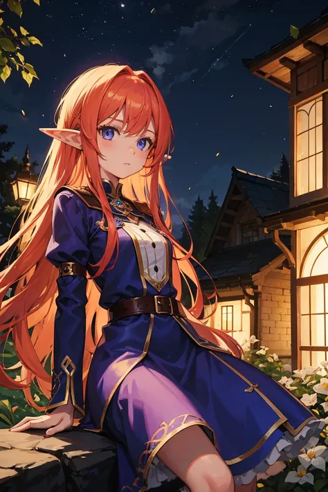 1 girl,long ginger hair,blue eyes,elf ears,wearing a short amythest purple dress,night time,garden background