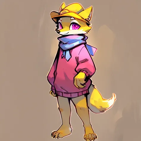 (A character), (Fox with yellow fur and white chest), (under the snout is white), (yellow fur), (tip of the tail white), (wears a magenta sweater), (light blue scarf), ( yellow cap with orange visor), (orange visot), (magenta eyes), (slender and fit body),...