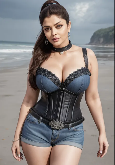 50 year old mature MILF Aishwarya Rai Bachchan, denim micro shorts and leather corset, ((exposing thighs)), knee high boots, deep cleavage show, ((high ponytail hair)), curvaceous milf body, hourglass milf figure, ((perfect breasts)), seducing pose, posing...