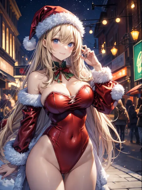 top-quality、Full limbs、complete fingers、Slender beauty、Women with straight hair、((Women with blonde hair))、Women with medium hair、(Beautiful busty woman:1.3)、Santa Claus Costume、(red santa claus leotard)、red santa claus hat、red santa claus cloak、 Street tr...