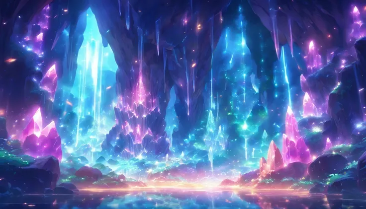 (best quality, masterpiece), an interior landscape of a magical crystal cavern, vibrant colors and majestic mixture of lights, epic, legendary, cinematic, perfect details