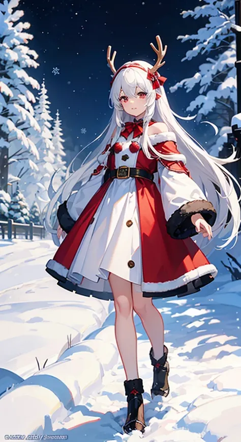 Snowflakes Gently falling snowflakes are a winter wonderland、snowy forest、(Full body portrait of cute silver-haired female Santa Claus)、Reindeer Horn Headband "snowscape",Anime girl in a red and white dress and reindeer antlers walks in the snow,little red...