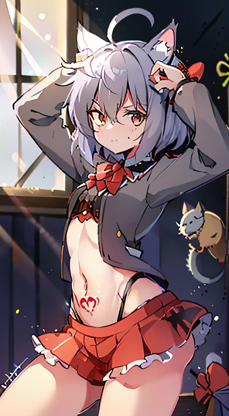 Young person, Chevoglis Court, Cats ears, red eyes, Idol clothes, open torso, tattoo , Perverted giggle, tmasterpiece, high high quality