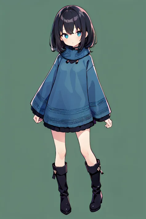 (masterpiece, best quality), high detailed, 1girl, solo, 15 years old, emaciated, small breast, kawaii, black medium hair, messy hair, dark blue eyes, detailed pupils, woolen poncho, tights, boots, full body, standing, looking at viewer, front view, (no ba...