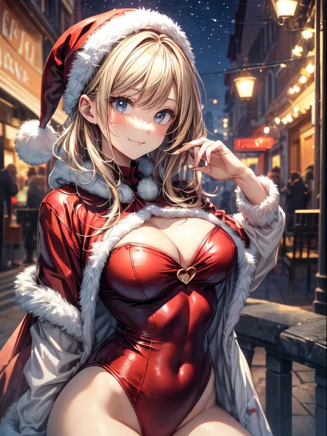 top-quality、Full limbs、complete fingers、Slender beauty、Women with straight hair、((Women with blonde hair))、Women with medium hair、(Beautiful busty woman:1.3)、Santa Claus Costume、(red santa claus leotard)、red santa claus hat、red santa claus cloak、White pant...