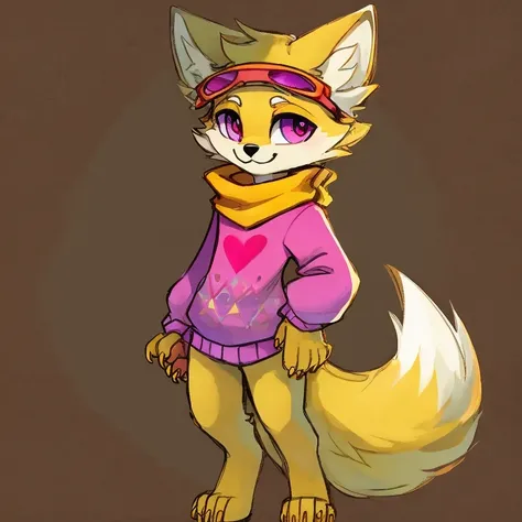 (a character), (fox with yellow fur and white chest), (under the snout is white), (yellow fur), (tip of the tail white), (wears ...