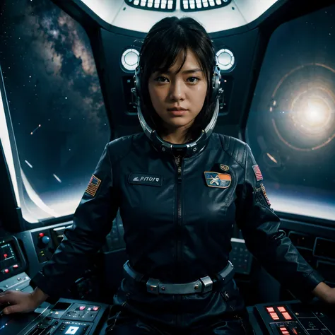 starship, pilot, bridge of ship, Japanese girl, galaxy, outerspace