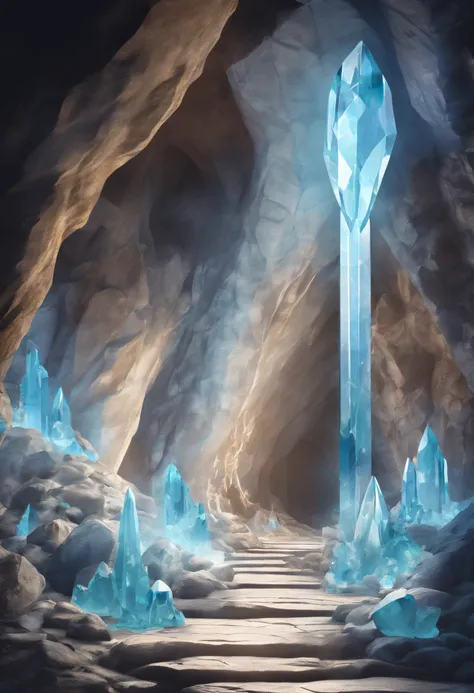 ((cave with crystal))、((crystal pillar))、(((The entire cave is made of crystal..))、((A beautiful blonde woman is sealed inside the crystal..、write))、((In a dark cave))、best composition、masutepiece