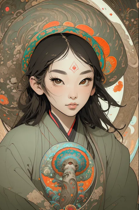 (Masterpiece, Best Quality, hight resolution:1.4), Detailed, intricate details, 4k, color splashes, line art, Art, Fibonacci, asian girl, shroom, psychedelic art, Beautiful charming face,DMT details, trippy, Tarot card style, Show all objects