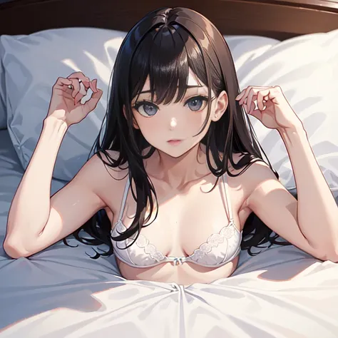 (((Lying on your back in bed:1.4)))、laying on back、((White bra:1.4))、((White panties:1.4))、One-person viewpoint, (masutepiece:1.3), High resolution, ultra-detailliert, the Extremely Detailed CG Unity 8K Wallpapers, Realistic, Photorealsitic, Raw photo, bea...