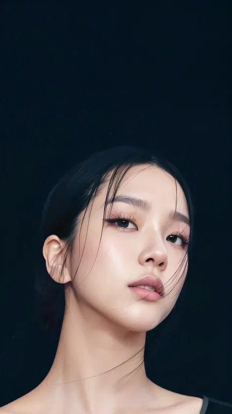 un primer plano de una mujer con una camisa negra y un fondo negro, Retrato Jisoo Blackpink, Jisoo de Blackpink, Jisoo de Blackpink, Retrato de Jossi de Blackpink, Jiyun Chae, Lee Ji - Eun, Lee Ji-eun, Artista coreano, Korean symmetrical face, Taejune Kim,...