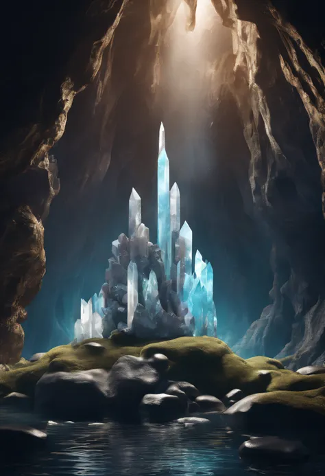 ((cave with crystal))、((crystal pillar))、((In a dark cave))、best composition、masutepiece