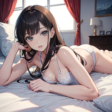 (((Lying on your back in bed:1.4)))、laying on back、((White bra:1.4))、((White panties:1.4))、One-person viewpoint, (masutepiece:1.3), High resolution, ultra-detailliert, the Extremely Detailed CG Unity 8K Wallpapers, Realistic, Photorealsitic, Raw photo, bea...