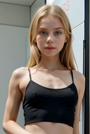 Transparent black camisole、Slender 10 year old blonde blue-eyed Russian girl、Showing the body of the flanks:1.3)、(Frame-in from head to foot:1.3)、