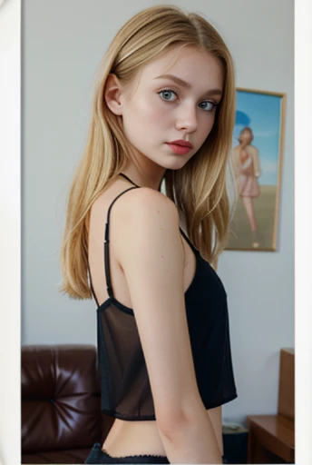 Transparent black camisole、Slender 10 year old blonde blue-eyed Russian girl、Showing the body of the flanks:1.3)、(Frame-in from head to foot:1.3)、