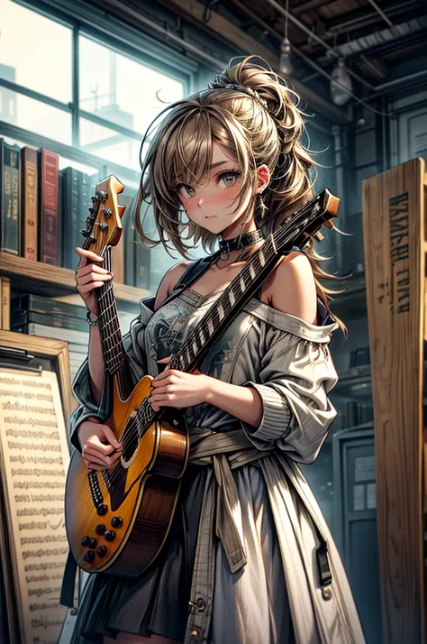 A girl with a unique style, wearing an outfit that mixes dreamlike and urban elements, her light brown hair that flows over her shoulders to her waist,  shines as she plays her majestic guitar, in a music studio full of instruments and shelves of books, am...