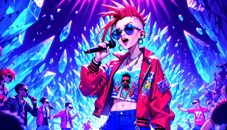 (((Grunge mohawk punk girl with a wild look in her staring eyes, Round sunglasses, Open Mouth and Screaming, Enjoying the taste of the microphone in my hand, He wears a bold red jacket and flashy shirt., Baggy blue pants inspired by hip-hop, Standing dance...