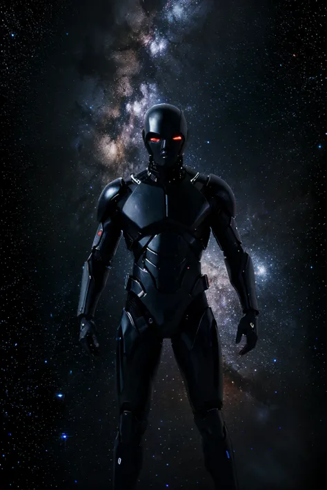 black humanoid with a galaxy background