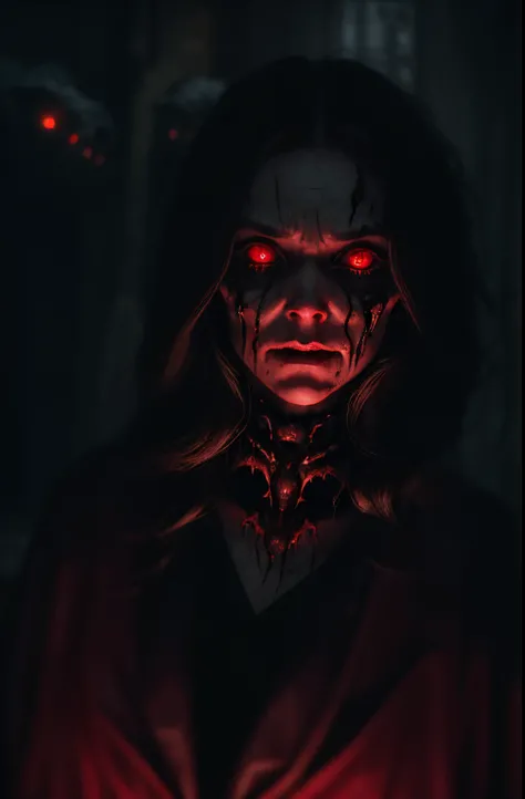 a terrifying mental image of a female figure of pure evil immersed in a hideous and hellish environment, obscure place coming from hell, dark ritual, appearance like a demon with sinister glowing eyes that evoke instant terror, evil beast, fiend, demon, ab...