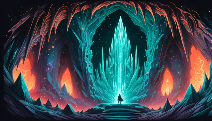 (((Intricate detail crystal cave reverberation dark fantasy gouache painting:1.4))). (((This bioluminescent crystal:1.2))), The walls of the crystal cave are decorated with sparkling crystals, An atmosphere full of fantasy and mystery. dark cyan red crysta...